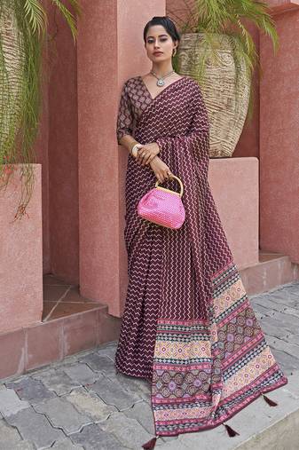 Magnificent Wine Digital Printed Crepe Festival Wear Saree With Blouse