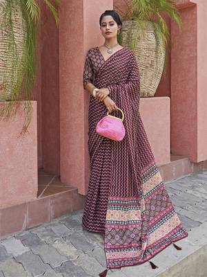 Magnificent Wine Digital Printed Crepe Festival Wear Saree With Blouse 1