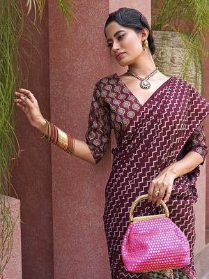 Magnificent Wine Digital Printed Crepe Festival Wear Saree With Blouse 2