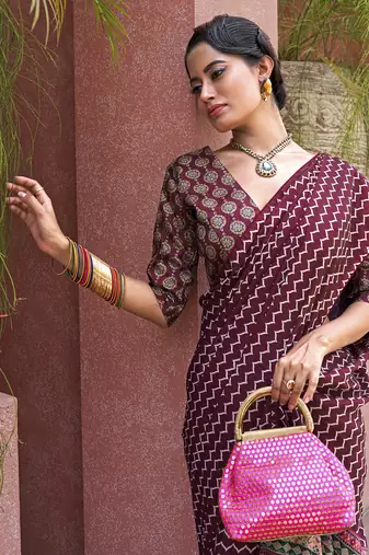 Magnificent Wine Digital Printed Crepe Festival Wear Saree With Blouse
