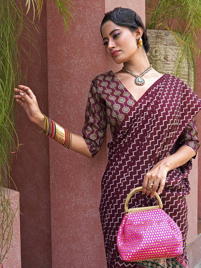 Magnificent Wine Digital Printed Crepe Festival Wear Saree With Blouse