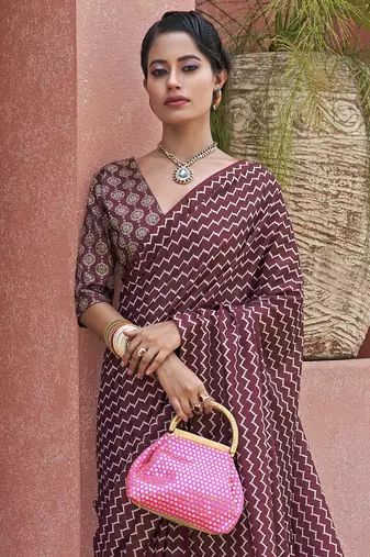 Magnificent Wine Digital Printed Crepe Festival Wear Saree With Blouse