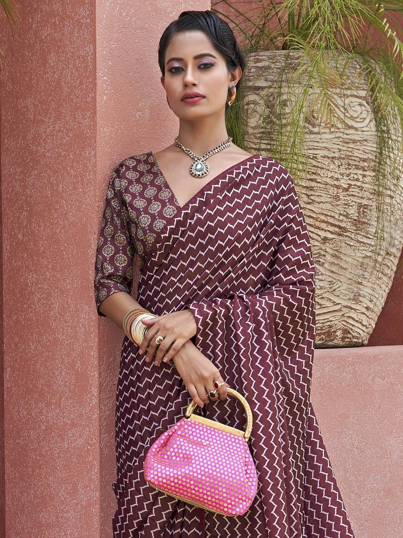 Magnificent Wine Digital Printed Crepe Festival Wear Saree With Blouse