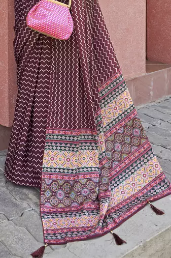 Magnificent Wine Digital Printed Crepe Festival Wear Saree With Blouse