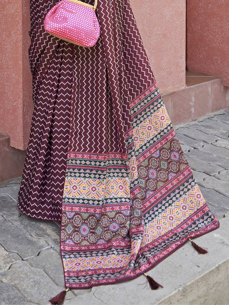 Magnificent Wine Digital Printed Crepe Festival Wear Saree With Blouse