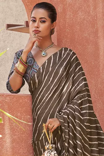 Beautiful Brown Digital Printed Crepe Festive Wear Saree With Blouse