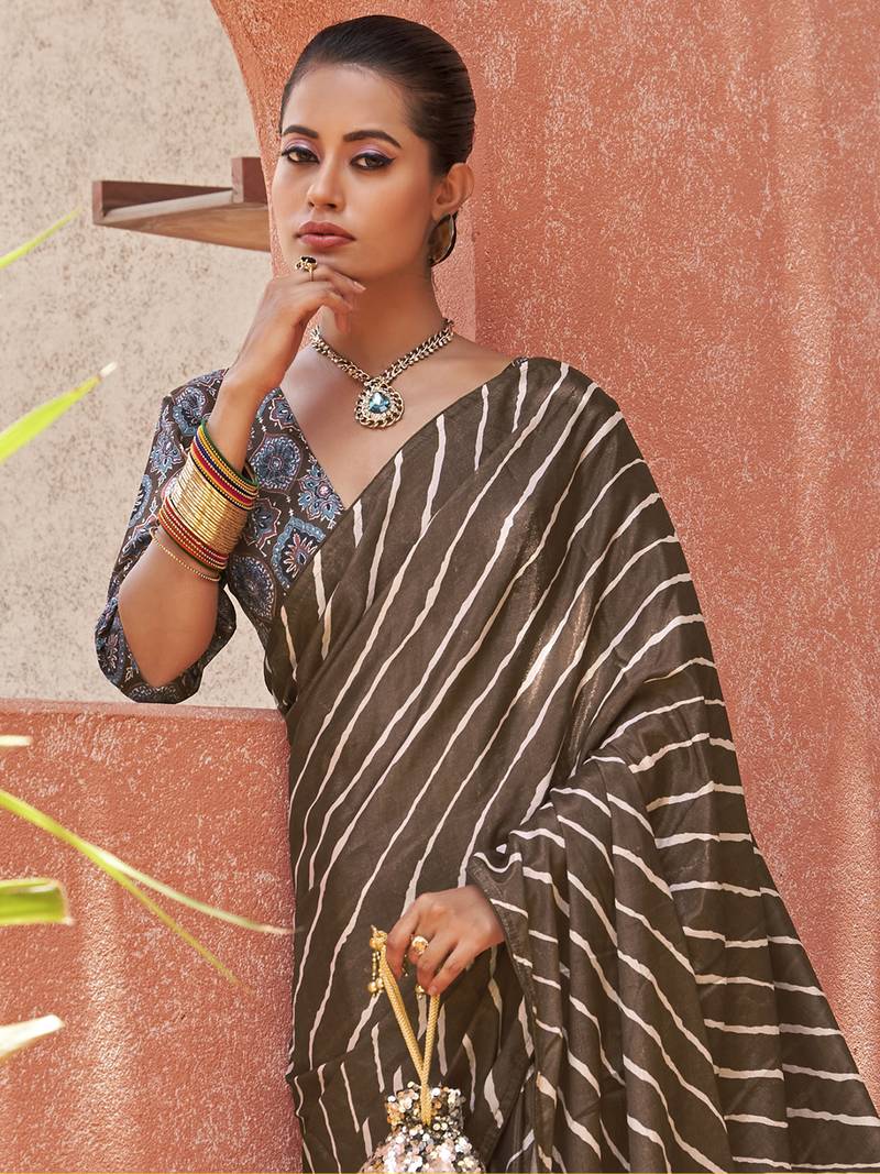 Beautiful Brown Digital Printed Crepe Festive Wear Saree With Blouse