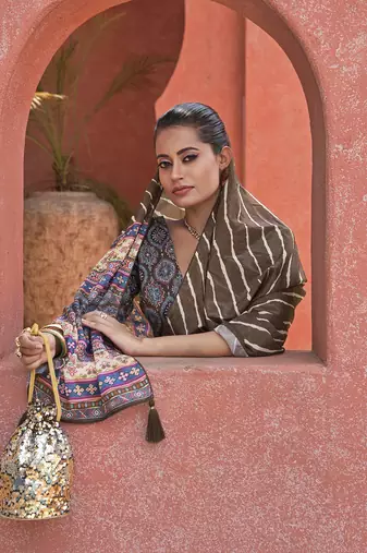 Beautiful Brown Digital Printed Crepe Festive Wear Saree With Blouse
