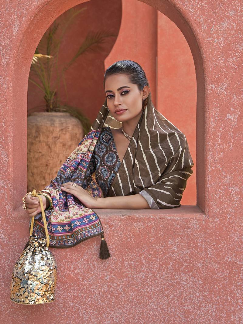 Beautiful Brown Digital Printed Crepe Festive Wear Saree With Blouse