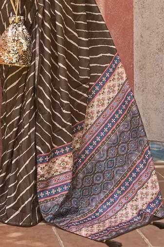 Beautiful Brown Digital Printed Crepe Festive Wear Saree With Blouse