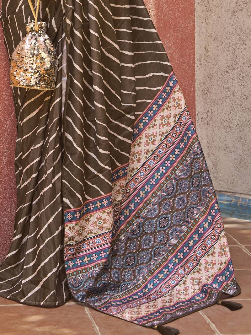 Beautiful Brown Digital Printed Crepe Festive Wear Saree With Blouse