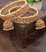 Premium Quality Gold Plated Kundan Pearl Set of 2 Brass Bangles