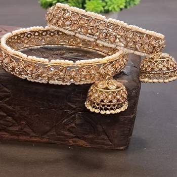 Premium Gold-Plated Kundan Pearl Set of 2 Brass Bangles with Hanging Jhumki 1