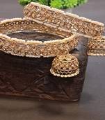 Premium Gold-Plated Kundan Pearl Set of 2 Brass Bangles with Hanging Jhumki
