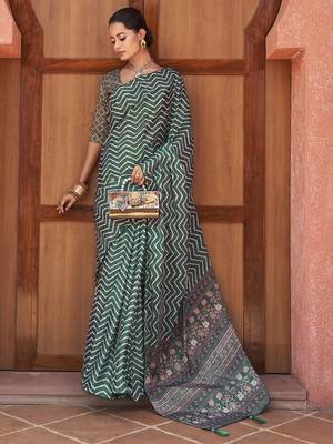 Attractive Green Digital Printed Crepe Festival Wear Saree With Blouse 1
