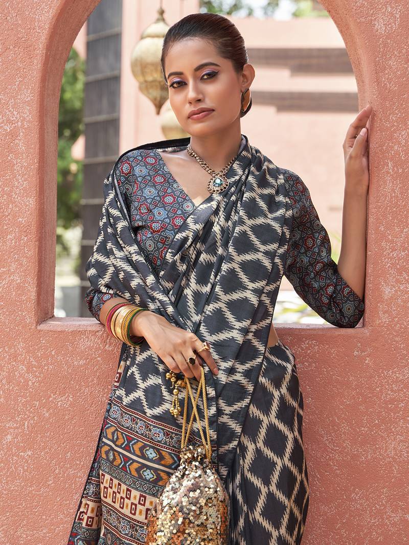 Embrace Black Digital Printed Crepe Festivities Saree & Blouse