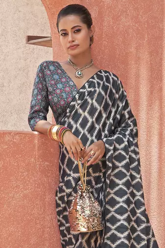 Embrace Black Digital Printed Crepe Festivities Saree & Blouse