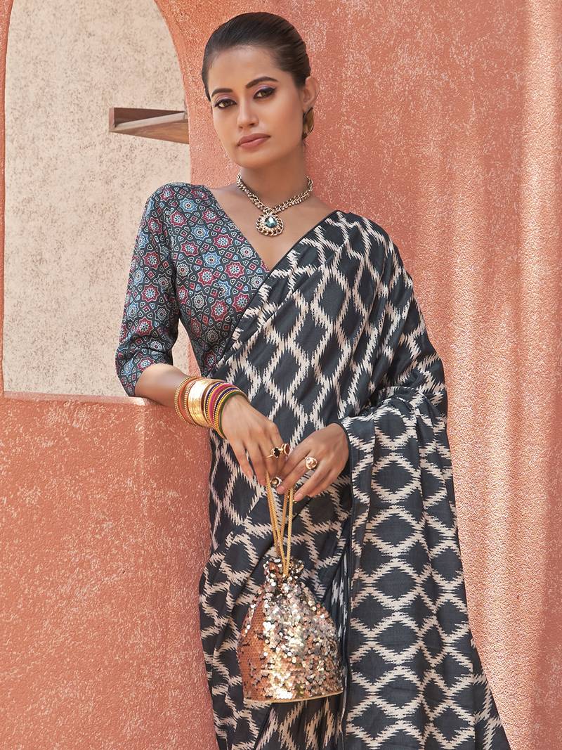 Embrace Black Digital Printed Crepe Festivities Saree & Blouse
