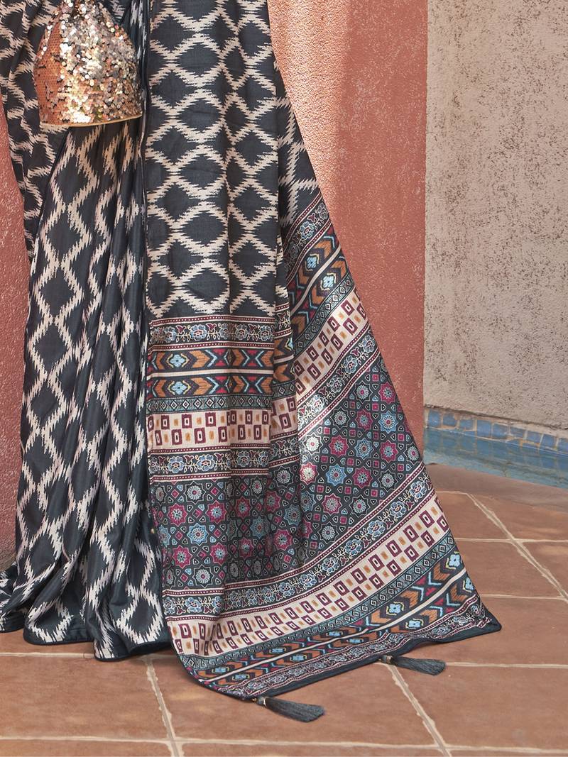 Embrace Black Digital Printed Crepe Festivities Saree & Blouse