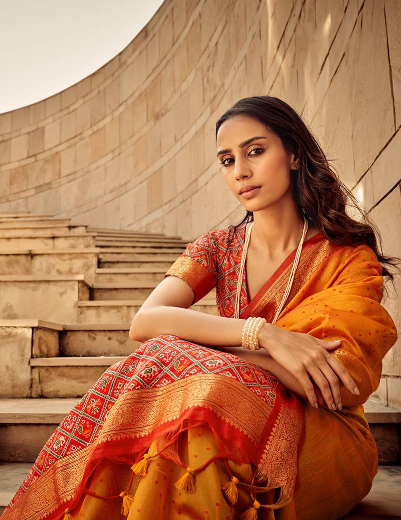 Amber color weaving border handloom silk saree with blouse