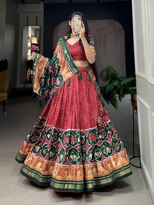 Women Tussar Silk Whit Patola Print With foil work Lehenga Choli  1