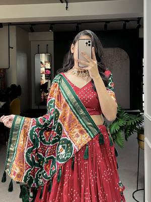 Women Tussar Silk Whit Patola Print With foil work Lehenga Choli  2