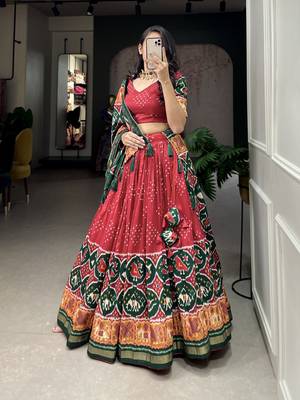 Women Tussar Silk Whit Patola Print With foil work Lehenga Choli  3