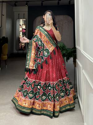 Women Tussar Silk Whit Patola Print With foil work Lehenga Choli  4