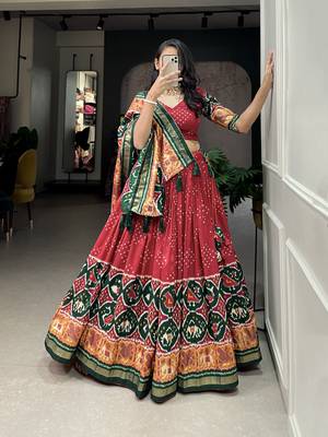Women Tussar Silk Whit Patola Print With foil work Lehenga Choli  5