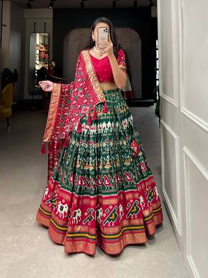 Green Colour Tussar Silk With Patola Print Foil Work and Gotta Patti Lace Border Also Comes With Tassels Lehenga Choli   1