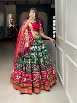 Green Colour Tussar Silk With Patola Print Foil Work and Gotta Patti Lace Border Also Comes With Tassels Lehenga Choli   2