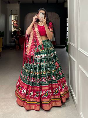 Green Colour Tussar Silk With Patola Print Foil Work and Gotta Patti Lace Border Also Comes With Tassels Lehenga Choli   3