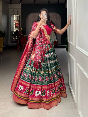 Green Colour Tussar Silk With Patola Print Foil Work and Gotta Patti Lace Border Also Comes With Tassels Lehenga Choli   4