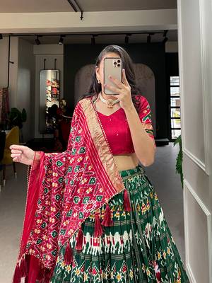 Green Colour Tussar Silk With Patola Print Foil Work and Gotta Patti Lace Border Also Comes With Tassels Lehenga Choli   5