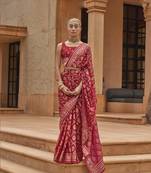 Kimisha women's red brasso saree with unstitched blouse piece