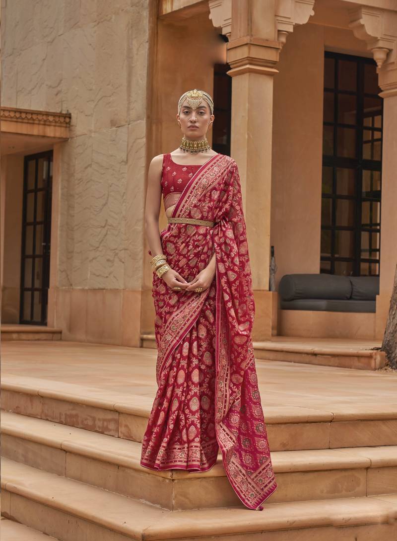 Kimisha women's red brasso saree with unstitched blouse piece