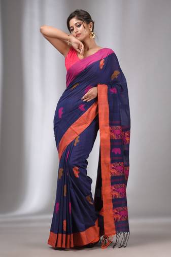 Blue Cotton Handwoven Soft Saree With Animal Motifs