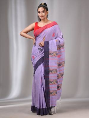 Lavender Cotton Handwoven Soft Saree With Animal Motifs 1