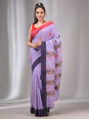 Lavender Cotton Handwoven Soft Saree With Animal Motifs 2