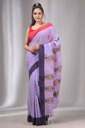 Lavender Cotton Handwoven Soft Saree With Animal Motifs