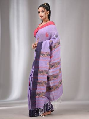 Lavender Cotton Handwoven Soft Saree With Animal Motifs 3