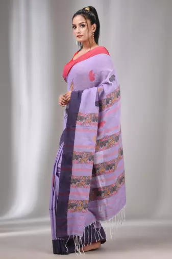 Lavender Cotton Handwoven Soft Saree With Animal Motifs