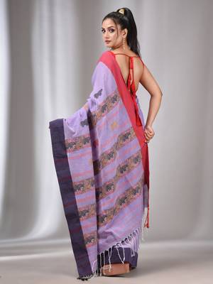Lavender Cotton Handwoven Soft Saree With Animal Motifs 4