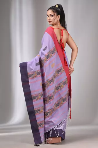 Lavender Cotton Handwoven Soft Saree With Animal Motifs