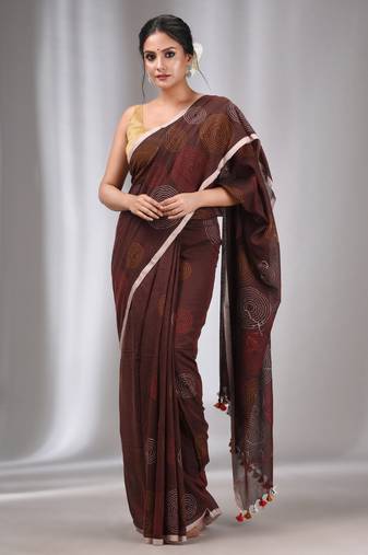 Dark Chocolate Cotton Kantha Stitch Handwoven Saree Without Blouse