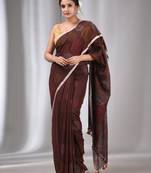 Dark Chocolate Cotton Kantha Stitch Handwoven Saree Without Blouse