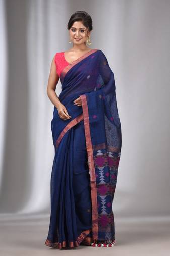 Navy Blue  Linen Handwoven Saree With Texture Pallu