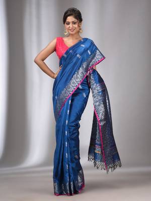 Teal Blue Silk Matka Handwoven Saree With Texture Border 1