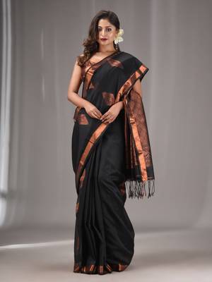 Black Silk Matka Handwoven Saree With Texture Designs 1