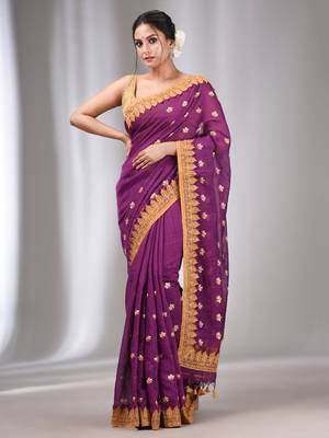 Purple  Blended Cotton Handwoven Saree With Flower Motifs 1